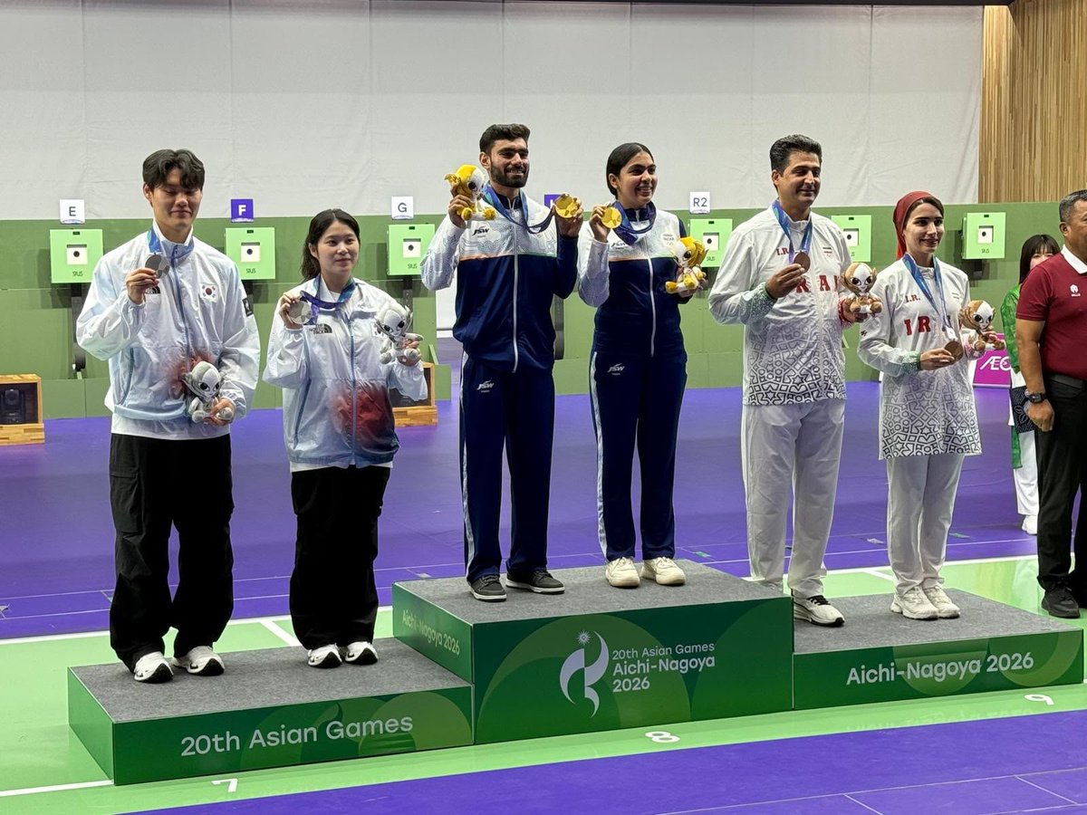 IndiaSportsHub's tweet photo. Golds India is defending from the Asian Games 2022.     

Total gold won in the 2022 Asian Games: 28  
Defended: 1 | Lost: 5
Left to Defend: 22

Total Golds in 2026 Asian Games: 2

Defended - 1
Cricket—Women's tournament  

Upcoming - 22
Equestrian—Team dressage   
Shooting—Women's 25m pistol team   
Shooting—Women's 50m rifle three positions
Shooting—Men's trap team 
Lawn Tennis—Mixed doubles (No Entry in 2026)
Squash—Men's team   
Athletics—Men's 3000m steeplechase   
Athletics—Men's shot put   
Athletics—Women's 5000m   
Athletics—Men's javelin throw   
Athletics—Men's 4 × 400m relay  
Archery—Mixed team compound  
Archery—Women's team compound   
Archery—Men's team compound 
Archery—Women compound individual 
Archery—Men compound individual 
Squash—Mixed doubles   
Field hockey—Men's tournament   
Kabaddi—Women's team   
Kabaddi—Men's team 
Badminton—Men's doubles   
Cricket—Men's tournament    

Lost/No Participation - 5
Shooting—Women's 10m air pistol  
Shooting—Men's 50m rifle three positions team
Shooting—Men's 10m air rifle team   
Shooting—Men's 10m air pistol team 
Athletics—Women's javelin throw (No Entry in 2026)   

New Addition- 1
Shooting — Mixed Team 10 m air pistol