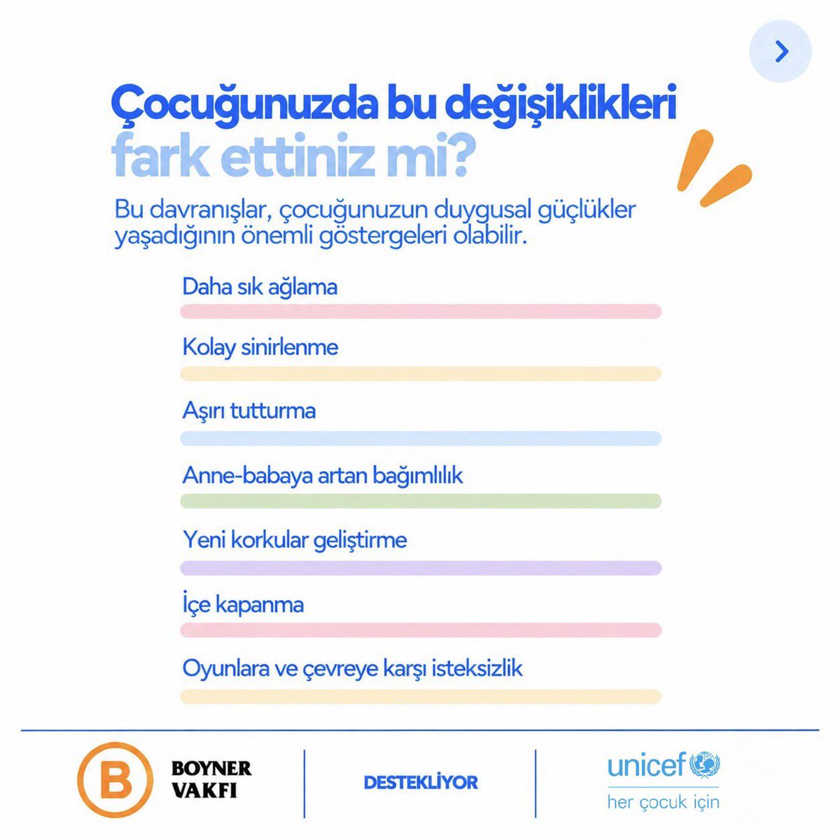 unicefturk's tweet photo. Çocuklar hayatlarının bazı dönemlerinde değişimlere ve zorluklara uyum sağlamakta güçlük çekebilirler. Böyle zamanlarda çocuğun en çok ihtiyaç duyduğu şey: sevildiğini, anlaşıldığını ve yanında olduğunu hissetmektir.
 
#cocugumunyanindayim #zamanindayaninda https://t.co/4wUNsSe8PY