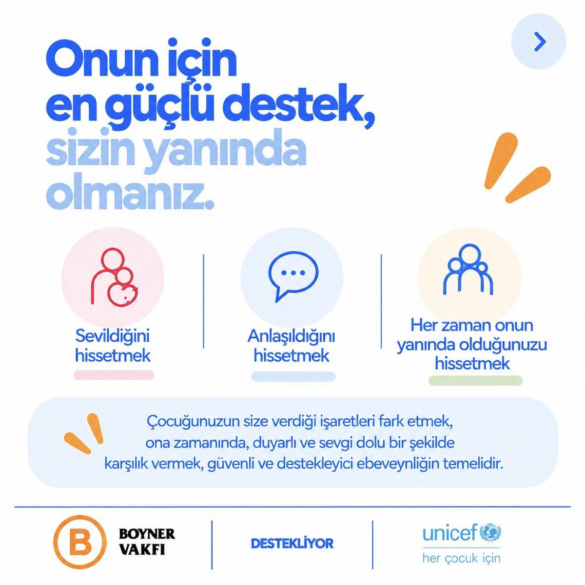 unicefturk's tweet photo. Çocuklar hayatlarının bazı dönemlerinde değişimlere ve zorluklara uyum sağlamakta güçlük çekebilirler. Böyle zamanlarda çocuğun en çok ihtiyaç duyduğu şey: sevildiğini, anlaşıldığını ve yanında olduğunu hissetmektir.
 
#cocugumunyanindayim #zamanindayaninda https://t.co/4wUNsSe8PY