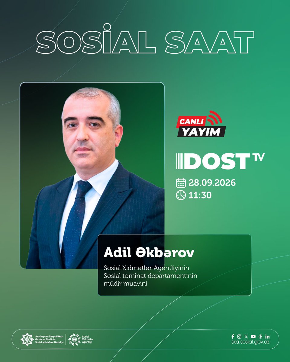 sxasosialgovaz's tweet photo. ⏰ “Sosial saat”ın budəfəki qonağı Sosial Xidmətlər Agentliyinin Sosial təminat departamentinin müdir müavini Adil Əkbərovdur.
Kanala keçid linki:
👉 https://t.co/ppsmMrLMck
#ƏƏSMN #DostTV #SXA #SosialSaat https://t.co/VBEw51SF4r