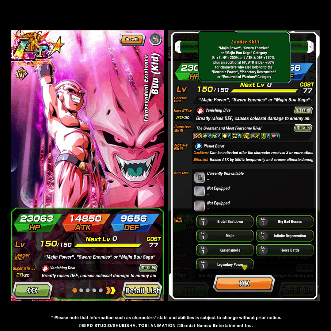 dokkan_global's tweet photo. First-hand information on LR [Transcendent Existence] Buu (Kid)'s stats! (1/2) https://t.co/umdKEkVw4d