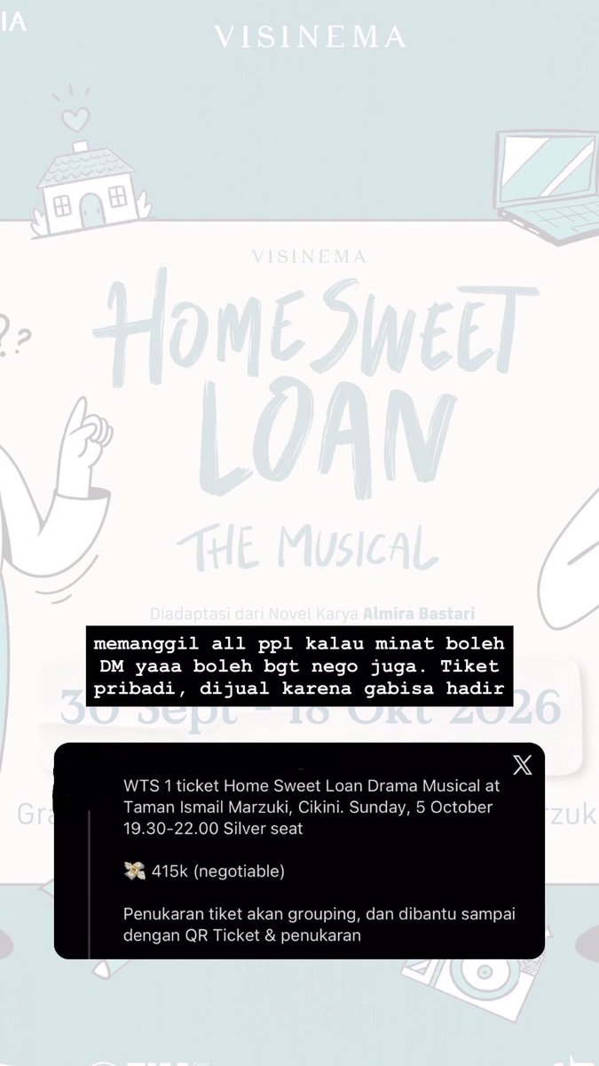 sibronisz's tweet photo. Hi All, WTS 1 ticket home sweet loan drama musical at cikini yaa 415rb negotiable boleh reply dan dm trimsss 

Wts wtb https://t.co/cKMcHNTKKf