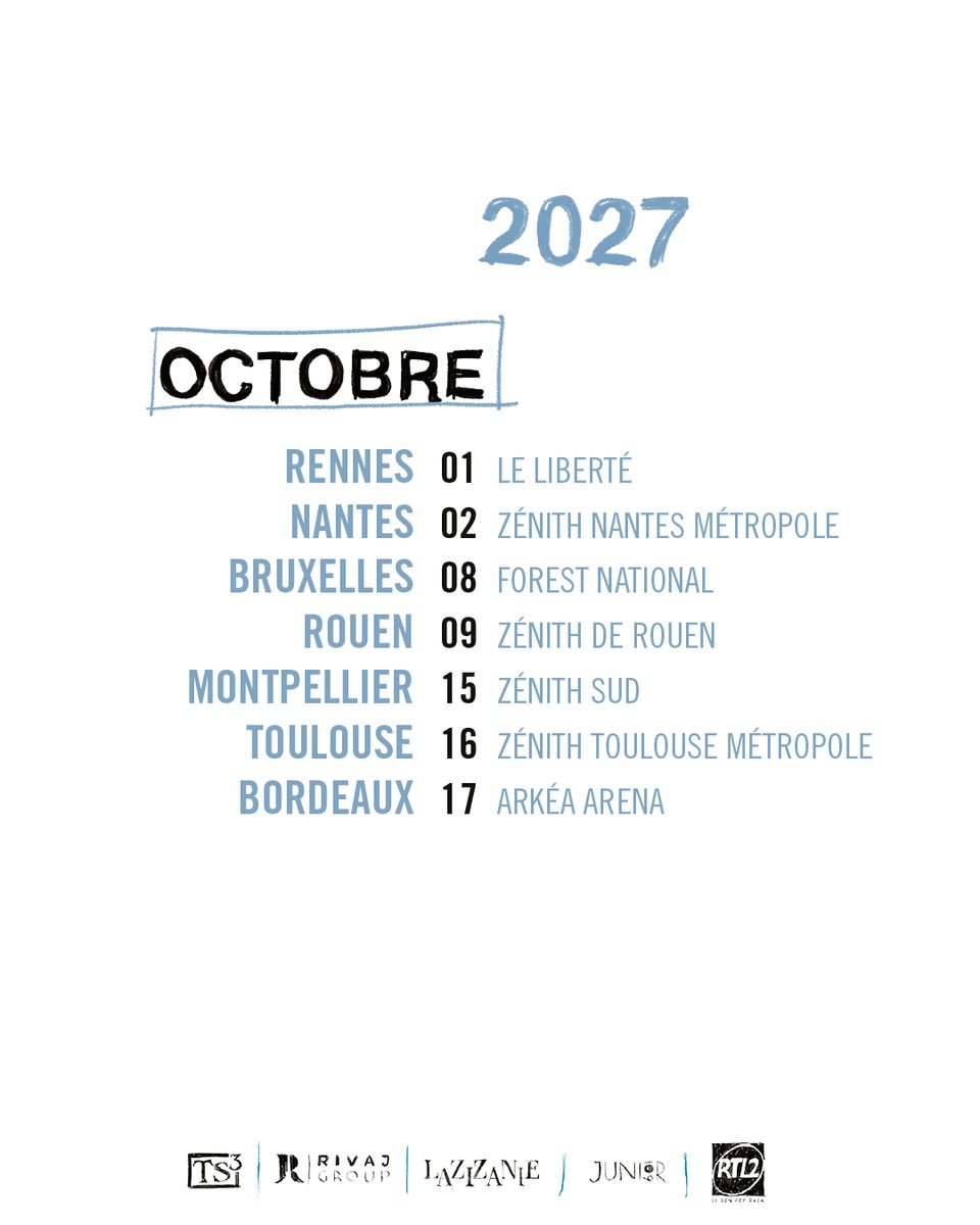 Zazieonline's tweet photo. Prévente exclusive mardi 29 septembre à 10h sur https://t.co/JhwsHxOkTp
🎫 Mise en vente tous réseaux mercredi 30 septembre à 10h

18/09/27 - LILLE - Zénith de Lille
23/09/27 - LYON - LDLC Arena
24/09/27 - MARSEILLE - Le Dôme
25/09/27 - DIJON  - Zénith de Dijon
30/09/27 - PARIS - Zénith Paris - La Villette
01/10/27 - RENNES  - Le Liberté
02/10/27 - NANTES  - Zénith Nantes Métropole
08/10/27 - BRUXELLES - Forest National
09/10/27 - ROUEN - Zénith de Rouen
15/10/27 - MONTPELLIER - Zénith Sud
16/10/27 - TOULOUSE  - Zénith Toulouse Métropole
17/10/27 - BORDEAUX  - Arkéa Arena

- Team Zazie

🎨📸 : Laurent Seroussi