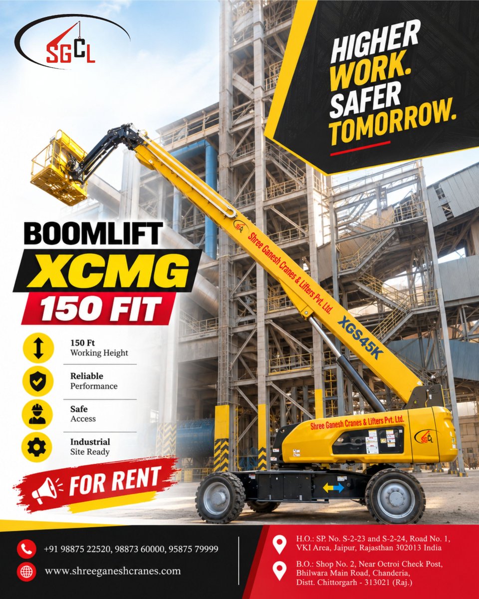 ShreeCrane's tweet photo. Reach higher with the XCMG 150 Ft Boom Lift — built for safe access, reliable performance and demanding industrial jobs.

Available for Rent

📞 +91 98875 22520, 98873 60000, 95875 79999
🌐 https://t.co/wYu86YBp5j

#ShreeGaneshCrane #BoomLift #XCMG #BoomLiftRental https://t.co/j4nnzJMJmL
