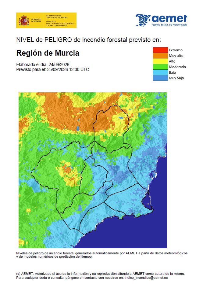 112rmurcia's tweet photo. Buenos días.
El nivel de peligro de incendio forestal previsto por la @AEMET_Esp para hoy viernes es:
🟡 ALTO en el Altiplano.
🟢 MODERADO en el Noroeste.
🔵 BAJO en el resto de la #RegióndeMurcia. https://t.co/YPdjy4WH2z