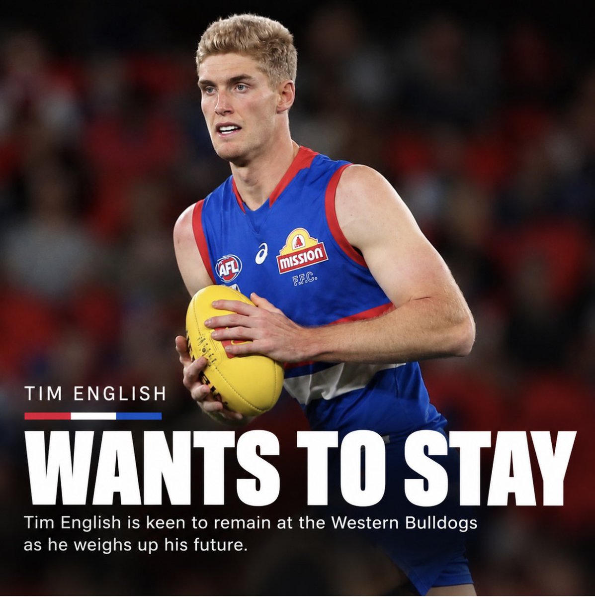 thedaily___'s tweet photo. “Tim is committed to the Bulldogs. 3-years to go on his deal. Wants to play alongside Butters and obviously wants to win a Premiership. Tim will be staying at the Dogs.” 

- Andrew McDougall, Tim English manager

#westernbulldogs #afltrades #afl https://t.co/eD4HOkLkRv