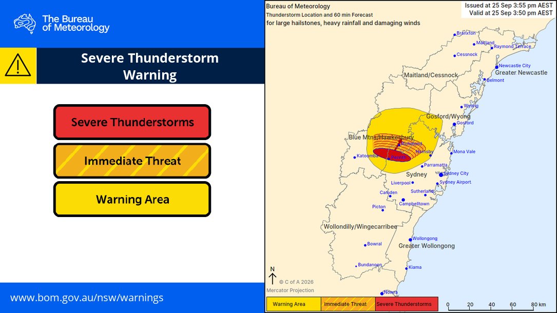 BOM_NSW's tweet photo. Powerful storms have developed around Penrith and Richmond in the west, and parts of the Blue Mountains. Heavy Rain, Damaging Wind and Large Hail possible in the next hour or two.

Full details: https://t.co/3a1YcqXSv3 https://t.co/oq1YAaYkiD