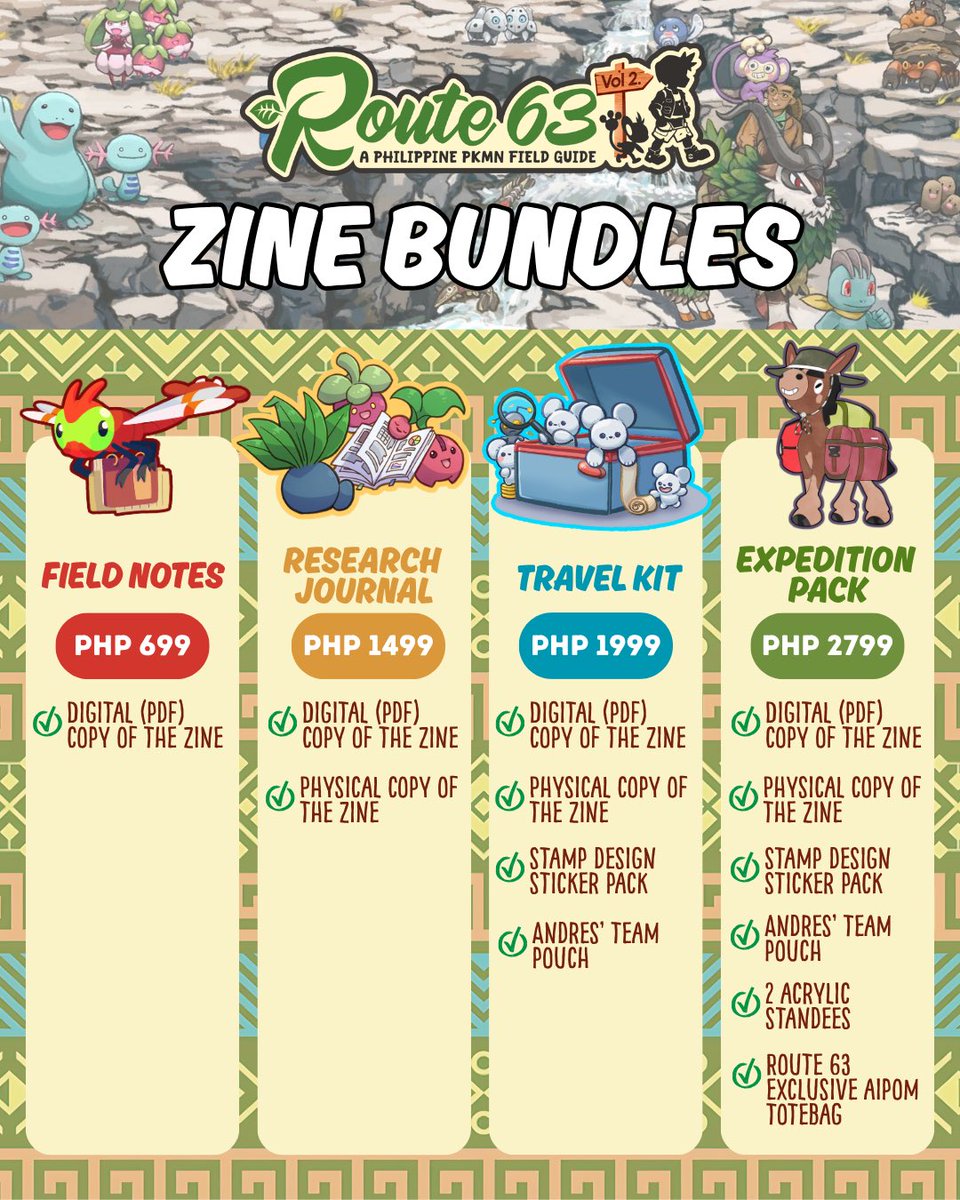 route63_zine's tweet photo. 🍃 ROUTE 63 VOLUME 2 BUNDLE DETAILS ARE HERE! 🍃

Ready to explore A Philippine PKMN Field Guide? 🇵🇭✨

Choose your bundle and get your hands on the latest Route 63 Vol. 2 goodies, featuring the zine and exclusive items ⭐️

🛒 PREORDERS OPEN SEPTEMBER 26!

#Route63Volume2 https://t.co/Cdi4cspzti