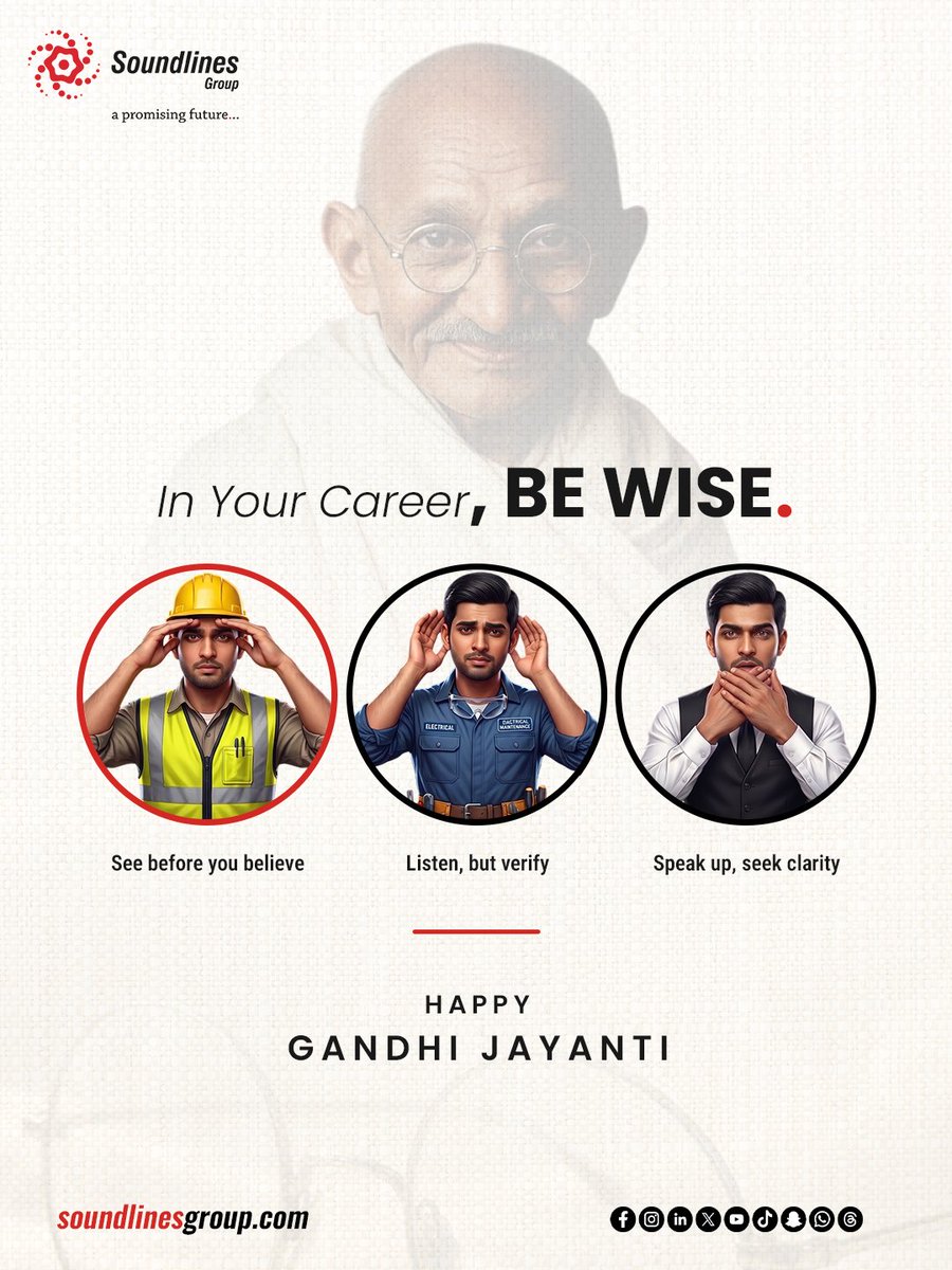 GroupSoundlines's tweet photo. Soundlines Group remembers Mahatma Gandhi and the principles he stood for. His message of truth and compassion continues to inspire generations across the world.

#GandhiJayanti #MahatmaGandhi #GandhiJayanti2026 #slg #soundlineshrconsultancy #recruitmentagency https://t.co/tPqkwFOshx