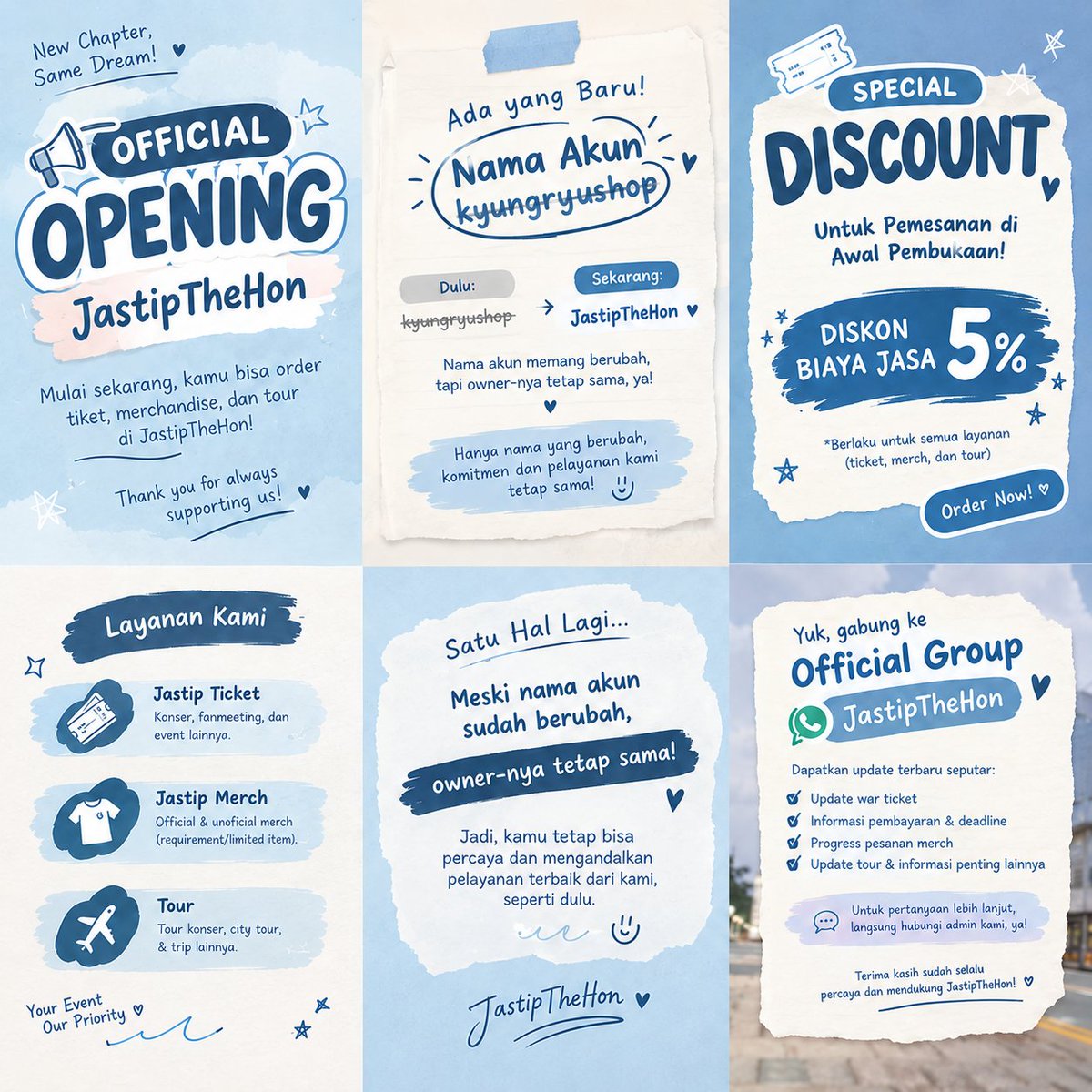 JastipTheHon's tweet photo. 💙 OFFICIAL OPENING — JastipTheHon 💙

Thank you for always trusting &amp; supporting JastipTheHon. 🥹💙
Let's make more unforgettable event moments together! ✨
#JastipTheHon #JastipTicket #JastipKonser #JastipMerch #JastipFanmeet #JastipEvent #ConcertJastip #OfficialOpening https://t.co/NN8iPeHvCd