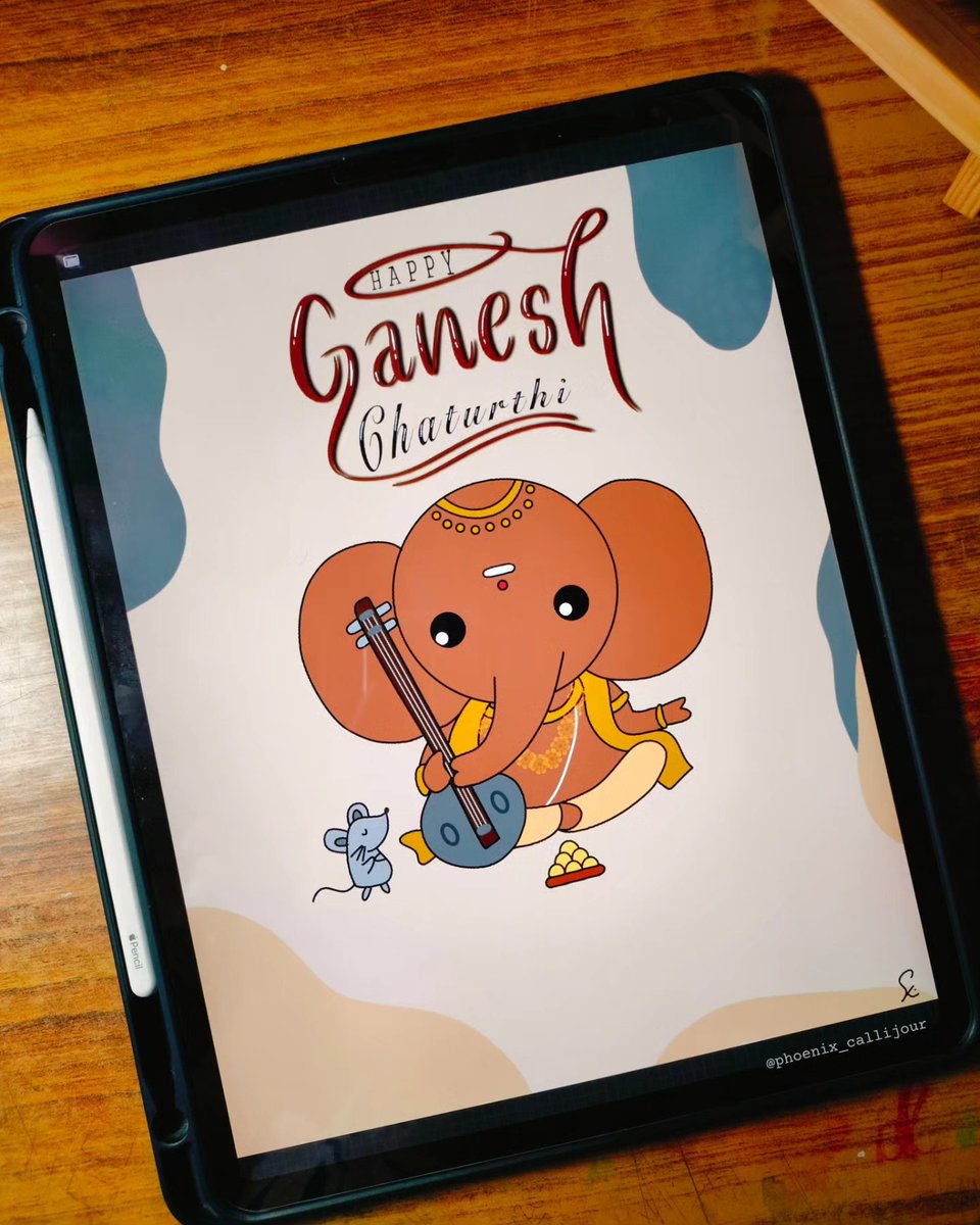 AbbeyRodrioch's tweet photo. Swipe to the last slide for the animated version. Happy Ganesh Chaturthi! Digital calligraphy and art inspired by the festival. https://t.co/rGEY1IHs0H