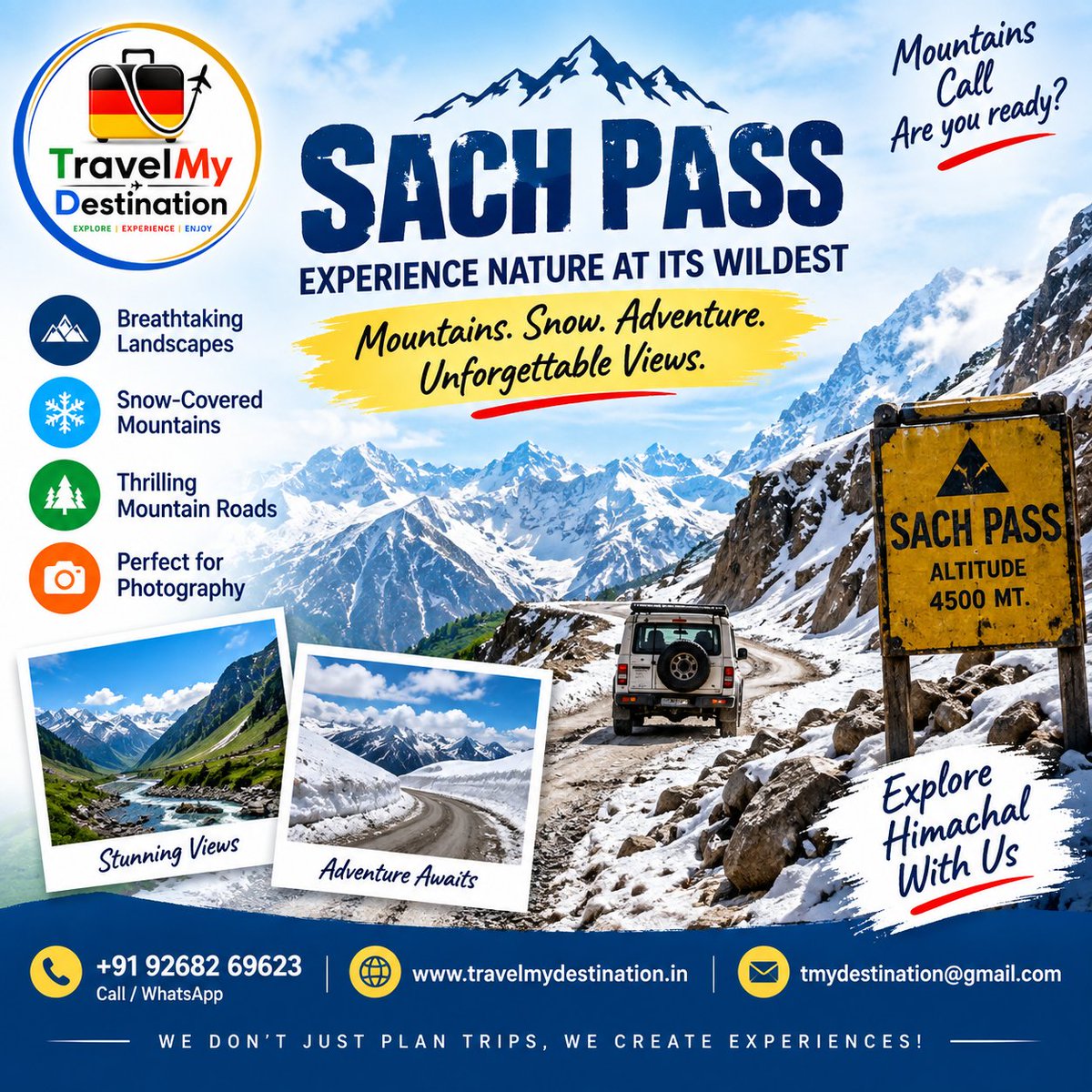 TMydestination's tweet photo. 🏔️ SACH PASS — EXPERIENCE NATURE AT ITS WILDEST
❄️ Mountains. Snow. Adventure. Unforgettable Views.

📲 Call / WhatsApp: +91 92682 69623
🌐 Website: https://t.co/oECrD2YMk6
📧 Email: tmydestination@gmail.com
.
.
.
.
.
.
.
.
.
.
#TravelMyDestination #SachPass #SachPassHimachal https://t.co/TH8aDUXtAB