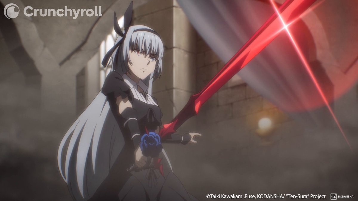 A silver-haired anime character with a black bow grips a glowing red sword amid a stone dungeon setting, with the Crunchyroll logo visible in the top left corner and copyright text "©Taiki Kawakami,Fuse, KODANSHA/"Ten-Sura" Project" at the bottom, depicting a climactic battle moment likely featuring Luminus confronting Granville as referenced in the post.