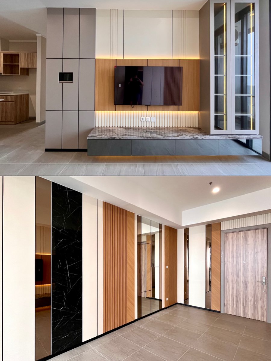 OrvilleAltrp's tweet photo. Desain cantik memadukan estetika dan fungsi. Kami mewujudkan interior yang sesuai gaya hidup Anda—rapi, elegan, dan penuh detail. Proyek Apartemen Menara Jakarta: ruang tamu dan area lift. Desain oleh RJm. https://t.co/Supz1Wrm4k