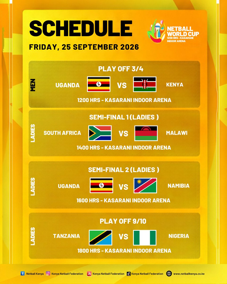 netballkenya's tweet photo. Today's match Schedule
#africaworldcup2026 #roadtosydney #nairobi2026 #queensofafrica #africaplayshere https://t.co/MH0Q2FPV0g