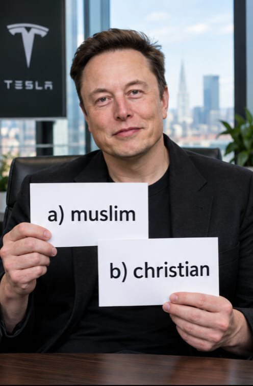 ElonEmpireUS's tweet photo. Imagine Elon Musk asks you: “What is your religion?” 🤔

🅰️ Muslim ☪️
🅱️ Christian ✝️

💬 What would you answer? A or B? 👇 https://t.co/XqkRH0pPHy