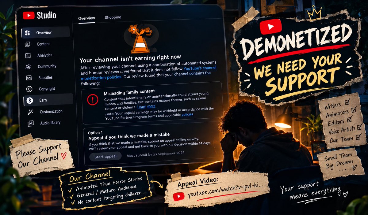 DeepakD90561025's tweet photo. YouTube @TeamYouTube

My channel was demonetized under the “Misleading Family Content” policy. I create animated true horror stories for a general/mature audience and never intended to target or mislead children.

We’re a small team investing our own money in writing, animation, voice work, editing, software, equipment, and other production costs. Demonetization has caused a serious financial impact on our work and livelihood.

If I made any mistake, I’m willing to understand it, fix it, and improve. I’ve submitted an appeal video and respectfully request a manual review of my channel. 🙏

Appeal Video: [https://t.co/vbeKAHO9xf]
Unlisted appeal video :[https://t.co/rdvzd92bdl]

#YouTube #Animation #HorrorStories