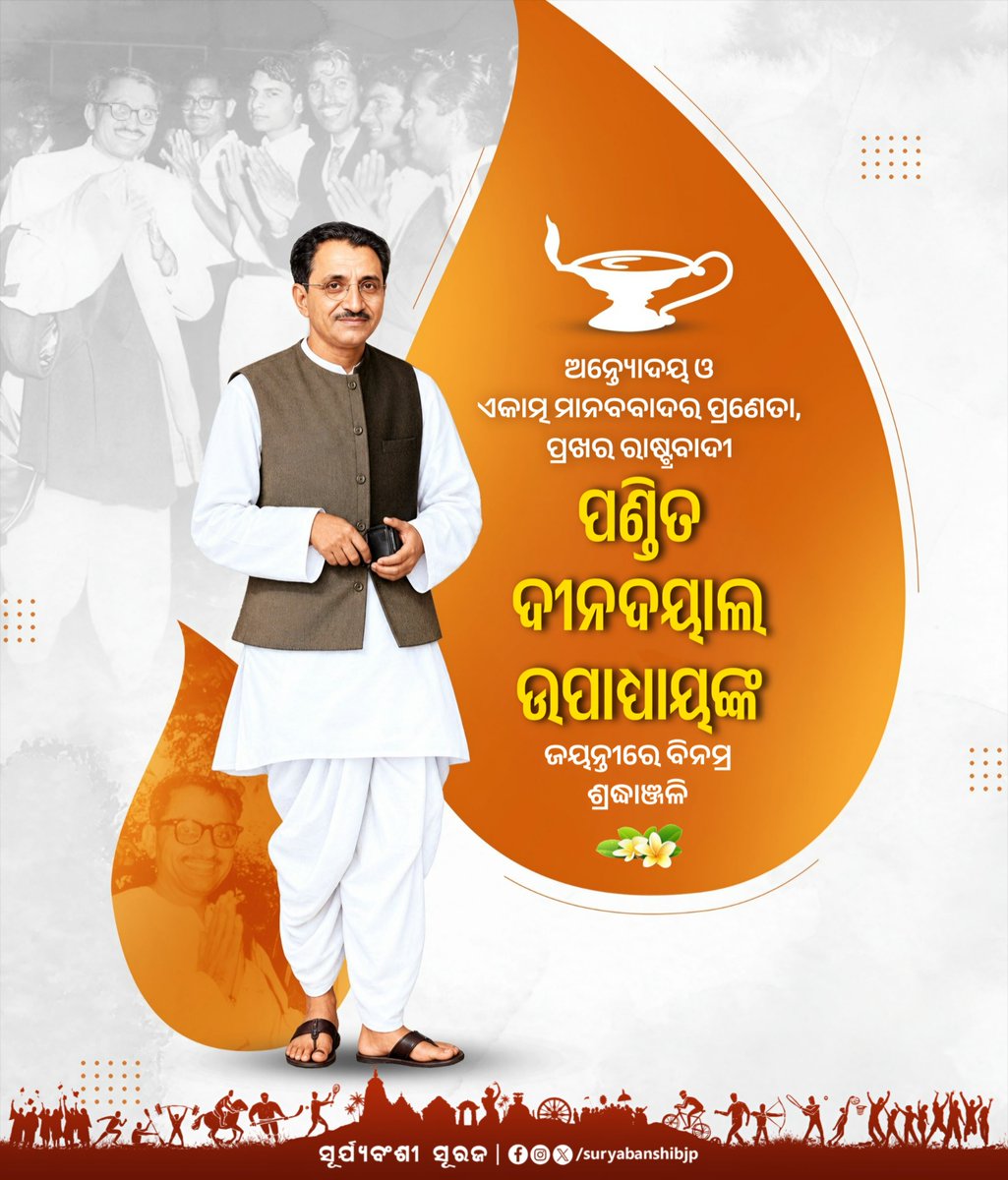 suryabanshibjp's tweet photo. ଅନ୍ତ୍ୟୋଦୟ ଓ ଏକାତ୍ମ ମାନବବାଦର ପ୍ରଣେତା, ମହାନ ଚିନ୍ତାନାୟକ, ପ୍ରଖର ରାଷ୍ଟ୍ରବାଦୀ ପଣ୍ଡିତ ଦୀନଦୟାଲ ଉପାଧ୍ୟାୟଙ୍କ ଜୟନ୍ତୀ ଅବସରରେ କୋଟି କୋଟି ପ୍ରଣାମ ଓ ବିନମ୍ର ଶ୍ରଦ୍ଧାଞ୍ଜଳି।  
​ତାଙ୍କର ଆଦର୍ଶ, ଦୂରଦୃଷ୍ଟି ଓ ସମାଜର ଶେଷ ଧାଡ଼ିରେ ଥିବା ବ୍ୟକ୍ତିଙ୍କ ସେବା କରିବାର ସଂକଳ୍ପ ଆମକୁ ସଦାସର୍ବଦା ରାଷ୍ଟ୍ରସେବାରେ ବ୍ରତୀ ହେବାକୁ ପ୍ରେରଣା ଯୋଗାଇବ।