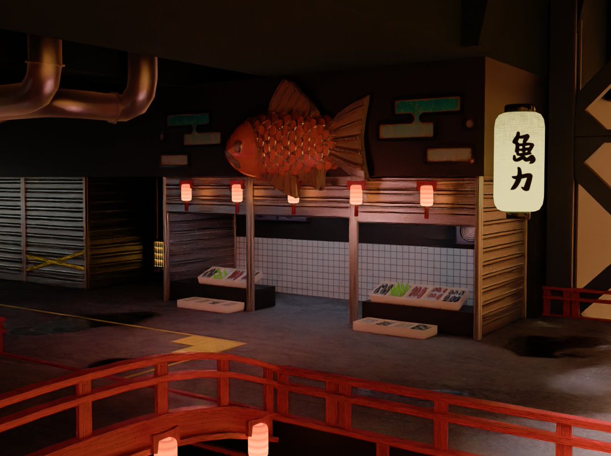 LenZ_Chu's tweet photo. Progress to my wall market! There are so much more I wanna add, but I'll take a break for now. I'll upload what I've onto #VRChat_world紹介 soon. Btw these are rendered in Blender, not in-game graphics << https://t.co/I38P1WuO2u