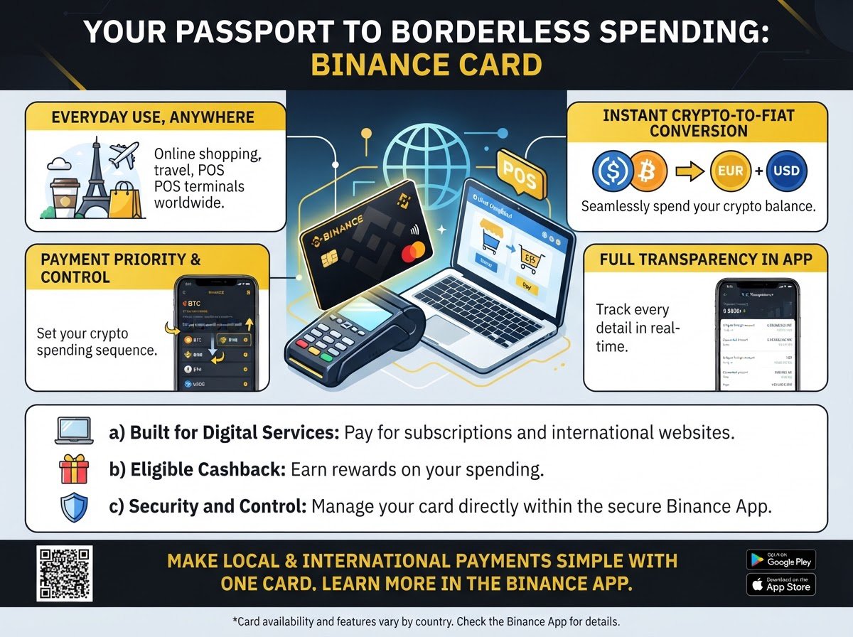 Nuray61053374's tweet photo. In today's borderless digital economy, you don't have to be abroad to pay in a foreign currency. You could be in Pakistan ordering from a French website, paying for a SaaS tool billed in Euros, or buying a coffee while traveling in Paris. When that happens, your payment journey changes slightly.

Binance Card is not just a crypto card. It's a one card for everyday payments solution that connects your Binance portfolio to your real-life spending, whether you're paying in PKR locally, EUR in Paris, or USD for an online subscription.

The Binance Card is built for this exact everyday reality, to make local and international payments simple from one card, wherever you are.

When you tap or pay online, the merchant charges you in their local currency. In your carousel example, it's EUR.

This is where the Binance Card's core feature comes in: International Payments Support.

Every one can Use, Anywhere. You can use it for online shopping, in-store purchases, and travel, just like a regular debit card.

After you pay in EUR, the amount needs to be settled from your account. With Binance Card, the settlement happens from your crypto balance.

For example: EUR to USDC. Your Euro payment is converted and deducted from your USDC balance in your Binance Funding Wallet.

This is seamless to the user, but it's powered by Binance's conversion infrastructure. You don't need to manually convert EUR to USDC before paying.

Key Feature: Payment Priority and Auto-Conversion. In the Binance App, you can set your Payment Priority, choose which crypto assets like USDC, BTC, BNB should be used first. The system automatically converts the needed amount at the time of payment. You stay in control of what you spend.

With Binance Card, all this information is transparent in your transaction history, you see the original amount in EUR, the converted amount, the rate used, and any applicable fees.

Key Feature: Full Transparency in App. You can track every international transaction inside the Binance app, with full details of conversion and charges. No surprises at the end of the month.

a) Built for Digital Services 
b) Eligible Cashback
c) Security and Control
 
Please check the Binance App for details specific to your country.

#Binance #BinanceCard #BinanceAcademy #LearnWithBinance
