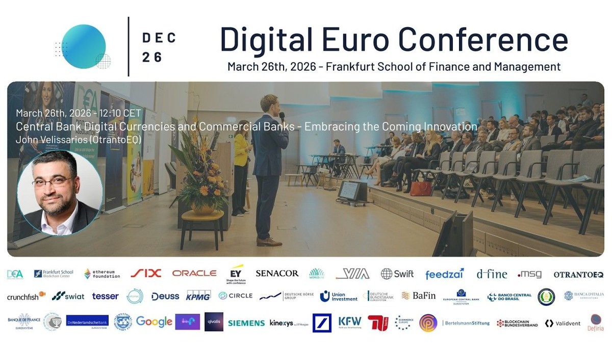 DigiEuro's tweet photo. 🏦 How might #CBDCs change commercial banks? At #DEC26, John Velissarios of OtrantoEQ covered impacts on payments, banking services and business models — from cross-border settlement to programmable payments.
🎥 Watch the keynote: https://t.co/Dv62CVkxUj https://t.co/QInDxilm5t