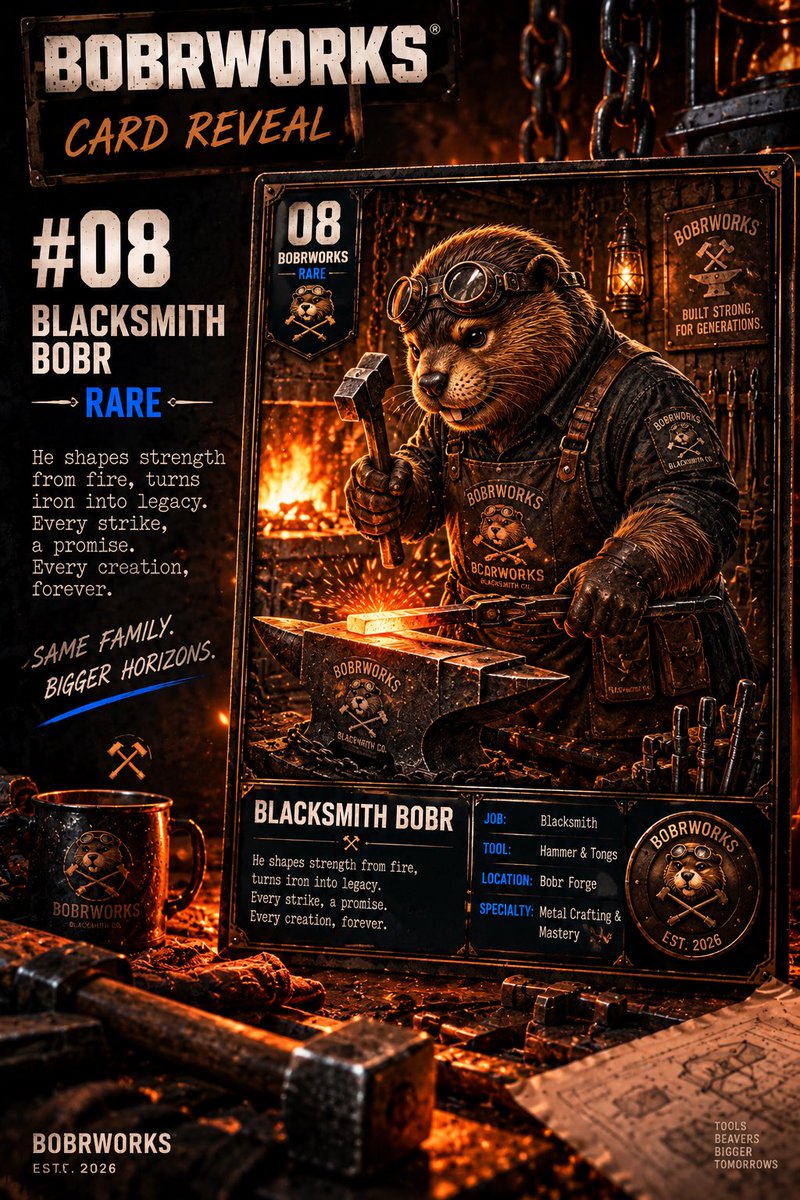 BobrWorks's tweet photo. 🔥 BOBR #08 — OFFICIAL REVEAL

The sparks gave it away. 👀

Meet the BLACKSMITH BOBR. ⚒️🔥

The second RARE of the BOBRWORKS collection has officially entered the Workshop. 🔵

Fire. Iron. Precision.

He doesn’t just shape metal.
He builds things meant to last.

08 / BOBRWORKS / RARE

Built strong. For generations. 🦫⚒️

#BOBRWORKS #NFTCommunity #DigitalCollectibles #Web3