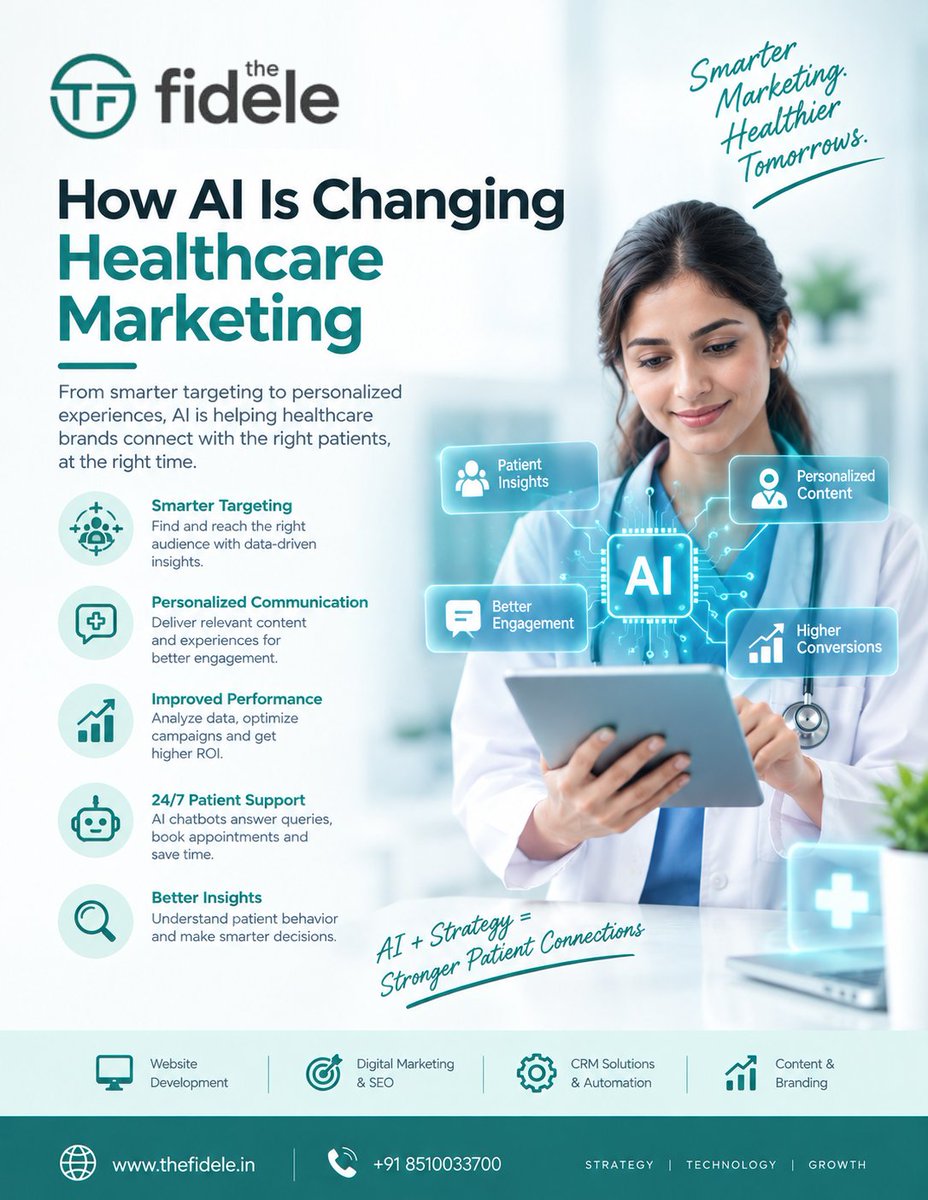 FideleDigital's tweet photo. 🤖🏥 How AI Is Changing Healthcare Marketing:

AI can make healthcare marketing more relevant and efficient when combined with strategy and human oversight.
AI + Strategy = Stronger Patient Connections.

#AIHealthcare #HealthcareMarketing #AIMarketing #HealthcareTechnology https://t.co/Ic2g35YOOT