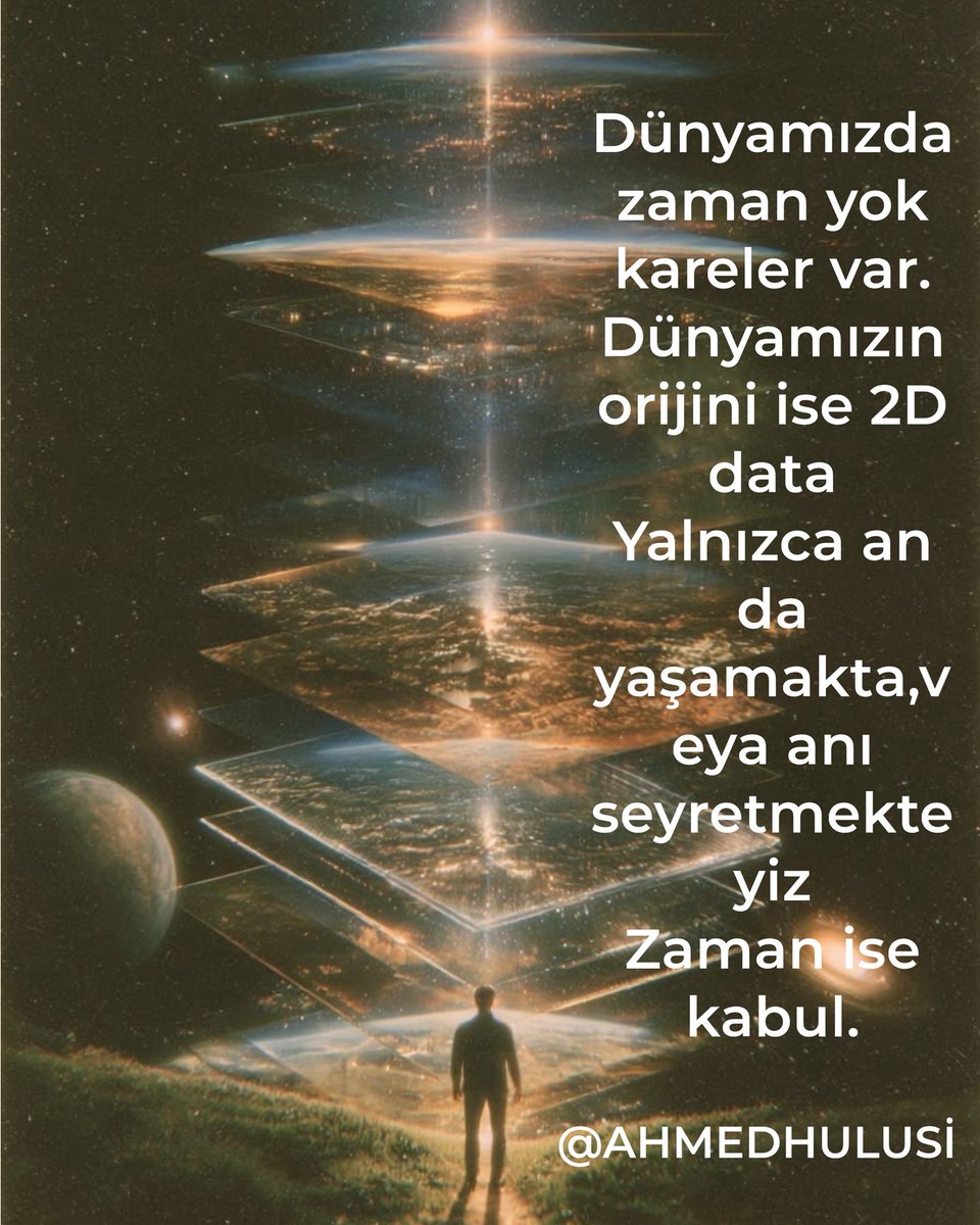 AylinERK's tweet photo. Bu videodaki 3D Gaussian Splatting teknolojisi. AhmedHulusi nin 63 yıldır  anlattığı  "TEK BİR AN" ve zamansızlık hakikatinin somut bir simülasyonudur.

Bakın @Ahmedhulusi çeşitli senlerde bunu nasıl açıklamış:

Dünyamızda zaman yok kareler var.
Dünyamızın orijini ise 2D data
Yalnızca an da yaşamakta,veya anı seyretmekteyiz
Zaman ise kabul.
(2021)

İnsan beyni oluşurken 3 boyutlu ve zaman kavramlı olarak oluşuyor. 3 boyutlu ve zaman kavramlı oluşan beyin otomatikman bütün bilgileri de daha sonraki yaşamında göz ve kulak kaynaklı olarak aldığı için, 3 boyut ve zaman kavramlı olarak varlığın orjinini deşifre etmeye çözmeye çalışıyor.
Dünyamızın orijini ise 2D data. Orijin/gerçek beyin, bilgitabanı, datası itibarıyla 2D olan varlığındaki bilgi çeşitliliğiyle, 3d olan hologram dünyasını yaratır AN içinde. Beyninin algılama organlarına GÖRE oluşan "HOLOGRAM DÜNYASI"nda yaşar. Beyninin derinliklerinde zaman kavramsız olarak bu boyut vardır; çünkü zaten o tekil dalga boyu/bilgi yapıdakinin dönüşmüş hâliyle varsın!
Dünyamızda zaman yok kareler var. EZEL-EBED yatay çizgisi arasındaki ZAMAN anlayışı bir metaforik kabuldür! Zaman ise kabul.
Yalnızca AN vardır ve AN, İHTİVA ETTİĞİ DATA/BİLGİ ile BOYUTSAL TEKİLLİK/BÜTÜNLÜK halindedir. EZEL-EBED, AN içinde BOYUTSAL olarak mevcuttur dikey olarak. Yalnızca an da yaşamakta, veya anı seyretmekteyiz.
Kuantum beyinin yaratısı olan zihin için yalnızca “AN” vardır! “AN” öyle bir “AN”dır ki, tüm kendisinden önceki “an”ları hatıralar olarak içinde barındırır, ki buna kısaca “dün” deriz; hem de geleceğe dönük tüm beklentileri kurgular, ki buna da “yarın”lar deriz.
Yaşam denilen şey yalnızca “AN”dan ibarettir!(2023)

EZEL-EBED yatay çizgisi arasındaki ZAMAN anlayışı bir metaforik kabuldür!

Yalnızca AN vardır ve 
AN, İHTİVA ETTİĞİ DATA/BİLGİ ile
BOYUTSAL TEKİLLİK/BÜTÜNLÜK halindedir.

EZEL-EBED, AN içinde BOYUTSAL olarak mevcuttur dikey olarak.
(2022)
@AhmedHulusi

Orijin/gerçek beyin,bilgitabanı,datası itibarıyla 2D olan varlığındaki bilgi çeşitliliğiyle, 3d olan hologram dünyasını yaratır AN içinde
Beyninin algılama organlarına GÖRE oluşan”HOLOGRAM DÜNYASI”nda yaşar
(2017 )

Beyninin derinliklerinde zaman kavramsız olarak bu boyut vardır; çünkü zaten o tekil dalga boyu/bilgi yapıdakinin dönüşmüş hâliyle varsın!
(2023)

Kuantum beyinin yaratısı olan zihin için yalnızca “AN” vardır!

“AN” öyle bir “AN”dır ki, tüm kendisinden önceki “an”ları hatıralar olarak içinde barındırır, ki buna kısaca “dün” deriz; hem de geleceğe dönük tüm beklentileri kurgular, ki buna da “yarın”lar deriz.

Yaşam denilen şey yalnızca “AN”dan ibarettir! (2024)

Ayrıca kader konusunda da @AhmedHulusi şöyle demiştir:

Olan olmuştur, olmama ihtimâli yoktu; olmamışın da olma ihtimâli yoktu. Allâh’a imanın esası, kadere imandan geçer. Buna iman eden suçlamaz!
@AhmedHulusi (2022)

Bazı Kaynaklar:
https://t.co/p3ay1FuTBw…

https://t.co/L5K5B2miVN…

https://t.co/rAHQEQgWlr…

https://t.co/L5vkDNsCEh…

https://t.co/ismQmurxmU

https://t.co/kukPJSCmXZ…

+++