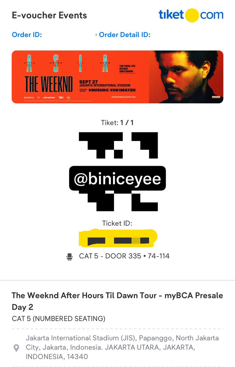 biniceyee's tweet photo. WTS tiket konser the weeknd 1 tix Cat 5 Day 2 underprice 1,3 jt nego, sudah jadi wb nanti cod tix hari H di Venue sama aku, karna aku juga nonton konsernya🙌🏻

#theweeknd #cat5 #day2 https://t.co/3U6WbmGHRU