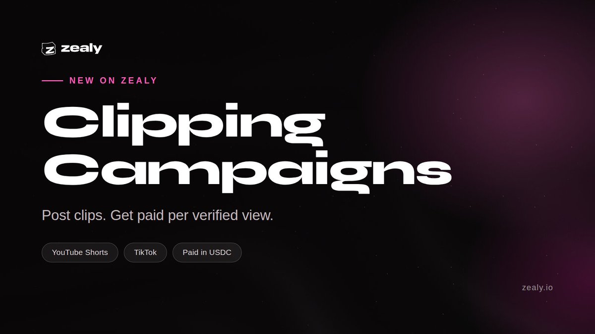 zealy_io's tweet photo. Clipping campaigns are live on Zealy.

Fund a USDC pool, post a brief, and clippers cut YouTube Shorts and TikToks from accounts they've verified they own. Views get tracked automatically and the pool splits pro-rata.

No CPM guesswork, no manual view counting. https://t.co/xM4RexVH7M