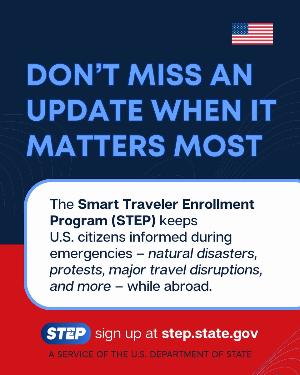 USEmbassyAddis's tweet photo. Don’t miss an update when it matters most. The Smart Traveler Enrollment Program (STEP) keeps U.S. citizens informed during emergencies – natural disasters, protests, major travel disruptions, and more – while abroad. It also makes it easier for us to reach you in an emergency. Sign up at https://t.co/hZOnn2M0Wx