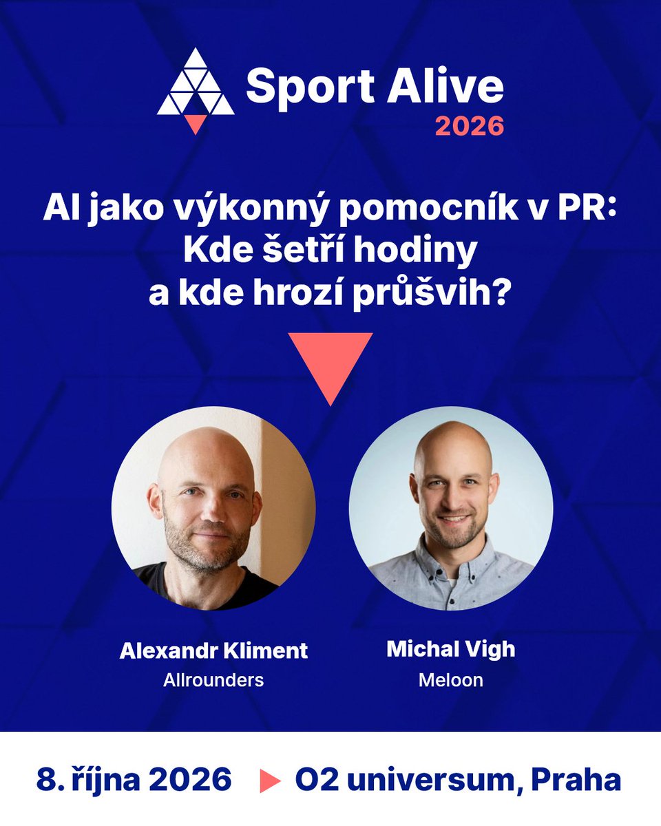 sport_alive's tweet photo. 🤖 Jak může AI ušetřit hodiny práce v PR a kde naopak hrozí průšvih? Na workshopu AI jako výkonný pomocník v PR ukážou Alexandr Kliment z Allrounders, a Michal Vigh, zakladatel Meloon, na konkrétních příkladech, jak využít AI při psaní tiskových zpráv, přípravě sponzorských konceptů nebo match-day obsahu. 

📌 Na workshop je omezená kapacita a je nutné se přihlásit předem. Přihlašování na workshopy bude možné začátkem října, přibližně týden před konferencí. Přihlásit se mohou pouze držitelé platné vstupenky na Sport Alive.

🎟️ Vstupenky ➡️ https://t.co/HWrZpmQGTc
⏰ Časový harmonogram ➡️ https://t.co/VArX9V1lXJ
📢 Témata konference & speakeři ➡️ https://t.co/4iM8ablIA2