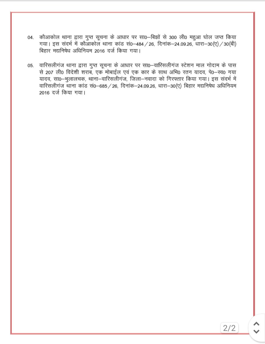nawadapolice's tweet photo. दिनांक 24.09.2026 को नवादा पुलिस द्वारा की गई कार्रवाई एवं उपलब्धि:-
@bihar_police 
@IgMagadh 
@DMNawada
#nawadapolice 
#Nawada 
#नवादा https://t.co/wOKtFNl18u