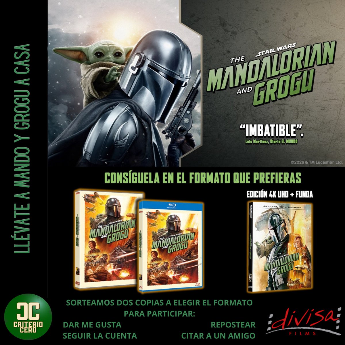 CriterioCero's tweet photo. 🚨 ¡SORTEO MANDALORIAN! 🚨
Gracias a @DivisaFilms , sorteamos 2 copias de The Mandalorian & Grogu 🎬💥
🏆 Elige formato: 4K UHD, Blu-ray o DVD
👉 Para participar: ✅ Síguenos
❤️ Dale ❤️ a este post
👤 Cita a un amigo
🔁 Repostea
⏰ Hasta el 2 de octubre
📦 Envíos solo a Península
🔥 OPORTUNIDAD EXTRA: escucha nuestro mega podcast sobre The Mandalorian, responde a la pregunta que hacemos y tendrás una participación adicional.
🎧 EPISODIO: https://t.co/HCu5QHbZLS
¡Que la Fuerza acompañe a los participantes! 🛸
#TheMandalorian #TheMandalorianAndGrogu #CriterioCero #Sorteo #DivisaFilms