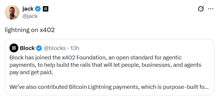 BitcoinCCX's tweet photo. HUGE🚨: Jack Dorsey's Block Inc. Adds bitcoin:native Lightning to AI Payment Standard x402 🚀 https://t.co/iW8ecyxuxO