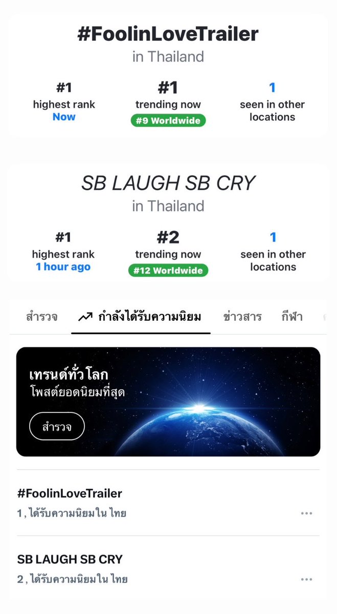 bluebermood's tweet photo. ตอนนี้เราพาน้องฟูลไปติดTOP 10 ของโลก🌍ได้แล้วน้าาา 🥹🙌🏻

Thailand , Worldwide 

hastag ; 1 , 9 🔥
keyworld ; 2 , 12 🔥

SB LAUGH SB CRY

#FoolinLoveTrailer https://t.co/1t82S78MEY