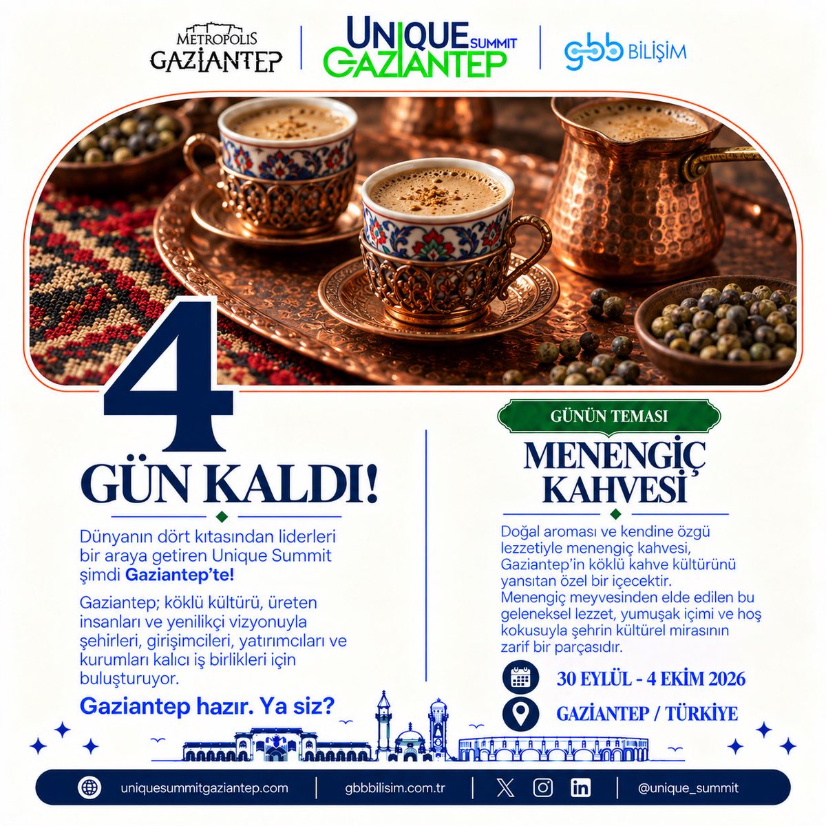 UniqueSummit's tweet photo. The countdown continues. Only 4 days left until we meet. Gaziantep is ready — are you?

——————————

Geri sayım devam ediyor. Buluşmamıza yalnızca 4 gün kaldı. Gaziantep hazır — ya siz? https://t.co/gP8WQzRgq2