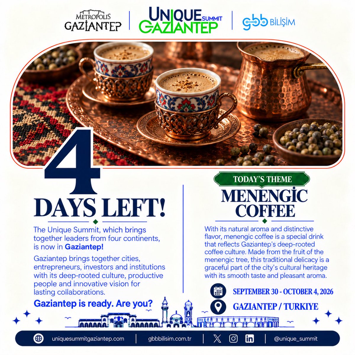 UniqueSummit's tweet photo. The countdown continues. Only 4 days left until we meet. Gaziantep is ready — are you?

——————————

Geri sayım devam ediyor. Buluşmamıza yalnızca 4 gün kaldı. Gaziantep hazır — ya siz? https://t.co/gP8WQzRgq2