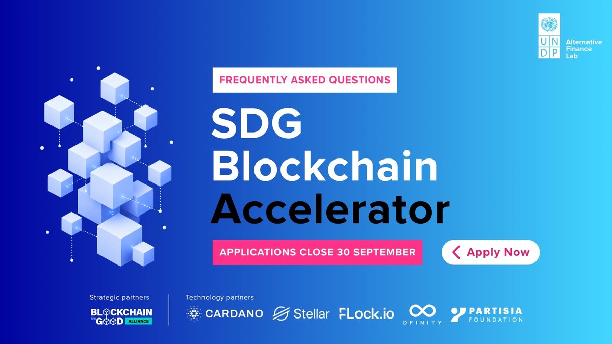 UNDP_AltFinLab's tweet photo. For @UN teams only...

⏳ Still wondering whether your project fits the #SDGBlockchainAccelerator?

Applications close on 30 September, and over the past few weeks we have been hearing some very practical questions during our regional briefings and conversations with Country Offices' teams.

🔗 Explore the FAQs and apply by 30 September:
https://t.co/YpFMcnR3eZ

***
The SDG Blockchain Accelerator is led by @UNDP_AltFinLab  in strategic partnership with the @ChainforGood, alongside the @Cardano_CF, @dfinity, @flock_io, @StellarOrg, and @partisiampc.
