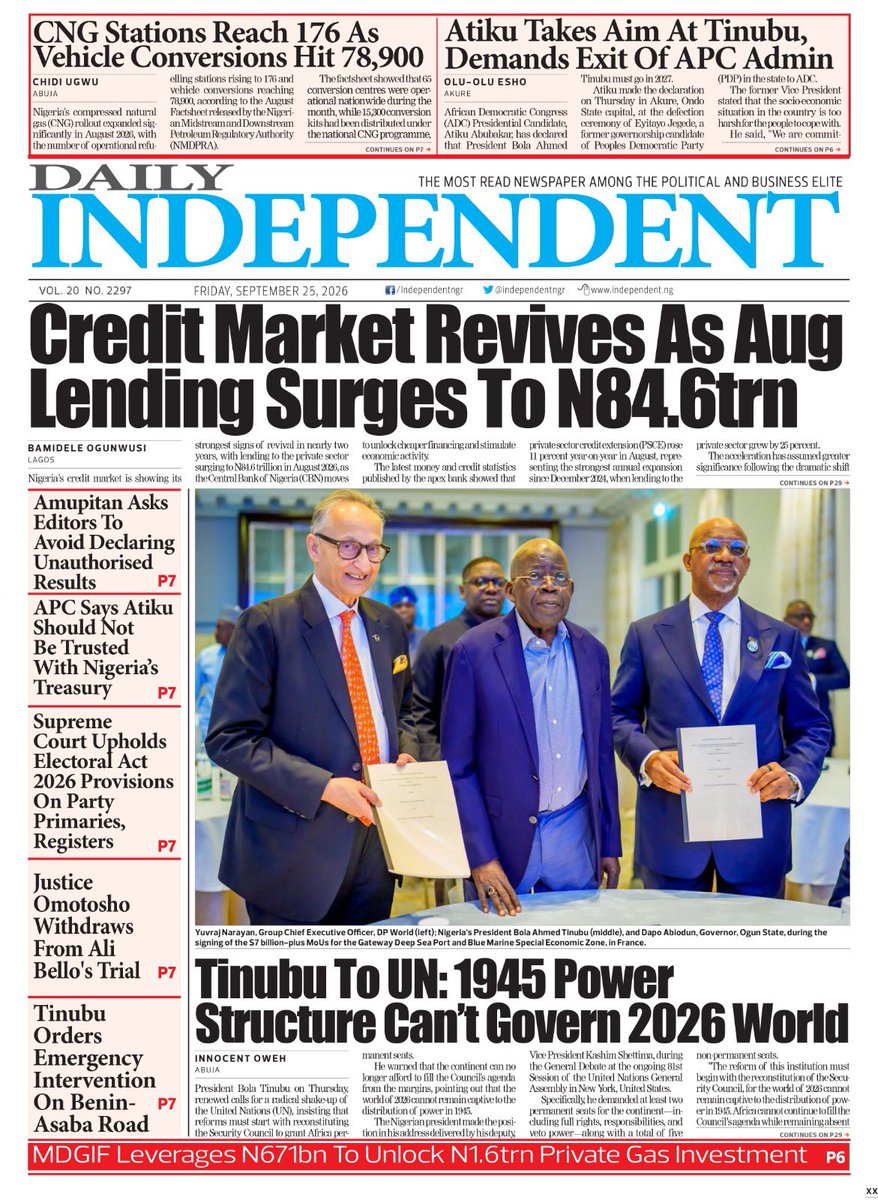 IndependentNGR's tweet photo. Just published: front page of Daily Independent Newspaper for today, 25 September 2026 https://t.co/YljwIIx7T1