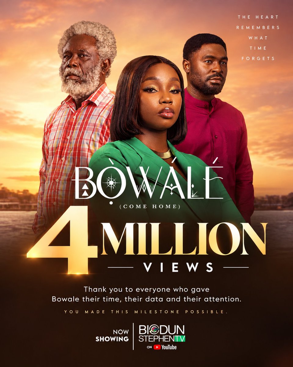 BiodunStephenO's tweet photo. Dear BeLoveds!!!

4 MILLION VIEWS. But what we’re really celebrating is you, because  behind every view is a person who chose to spend a little part of their day, time and data with our film.
Thank you for choosing BOWALE. Thank you for watching, subscribing and recommending  BiodunStephenTV