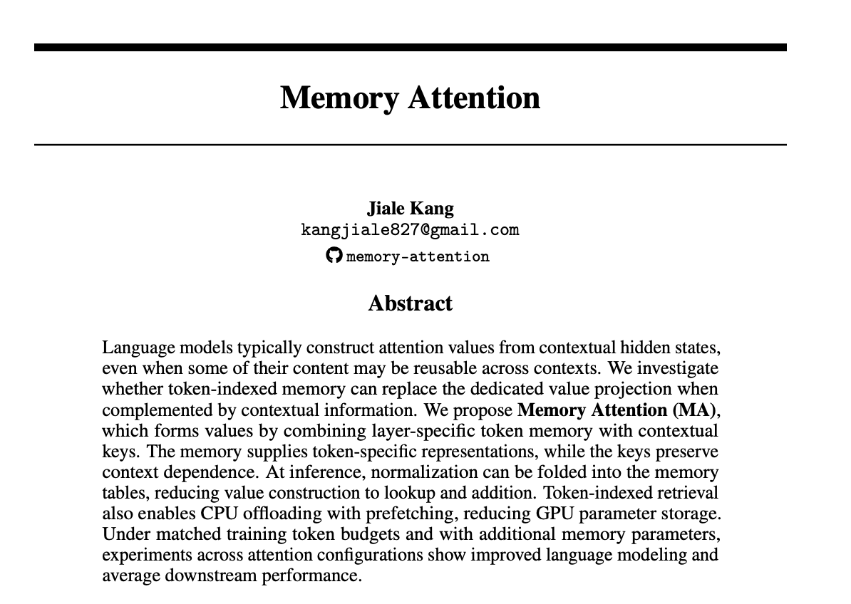 MaxForAI's tweet photo. 中秋快乐！刚刚看到一篇新论文 Memory Attention，感觉可能是个划时代的新注意力架构，给大家分享一下。

MA这篇的核心是Transformer 里的 V，可能根本没必要每次都重新算。

所以直接开始动 Attention 里最经典的 QKV 结构了。

传统 Attention 里，每个 token 都要从当前 hidden state 重新计算：

Q = XWq
K = XWk
V = XWv

但本文作者 @Jo1uck  问了一个很朴素的问题：
V 里面有多少东西，真的需要每次根据上下文重新算？

同一个 token 在不同句子里，显然存在大量可以复用的信息。

于是他们参考 Engram 这类 Memory 架构，给每个 token 建了一套可学习的 memory，然后更激进地把独立的 value projection 直接干掉：

V = K + Memory[token]

K 负责保留上下文信息，Memory 负责保存 token 自身可以复用的信息。

这样推理时，原来计算 V 的一次矩阵乘法，基本就变成了：查表 + 加法（这会大幅减少计算量）。

然后事情开始变得有意思了。

因为 Memory 只跟 token ID 和层数有关，所以甚至可以提前知道要读哪块数据，直接把这部分参数扔到 CPU，GPU 需要的时候提前 Prefetch。

实验里，MA-Offload 模型总参数是普通模型的 2.08 倍，但 GPU 上实际常驻的参数反而比普通 Transformer 少了 7.38%，推理延迟基本维持在同一水平。

训练上，在两个不同规模实验里，达到相同 loss 所需 token 数分别提升到了 1.42× 和 1.16× 的 token efficiency，也就是大约少用 29.6% 和 13.8% 的训练 token。

下游平均成绩也基本都比对应的 Standard Attention 更高。

更骚的是，作者还提出了一个 MA-Recall：

既然历史 V 可以通过 K + token memory 重新构造，那么理论上甚至不用一直保存完整的 V Cache，只保存 K 和 token ID，在需要的时候把 V 重建出来。

按论文的理论计算，这部分 KV Cache 可以砍掉接近一半，不过目前还只是分析，没有进入实际推理实验。

我觉得这篇的方向挺值得关注的。

过去大家做 Memory，更多是在 Transformer 外面继续加东西。

Memory Attention 开始反过来问：既然 Memory 已经能记住这些东西，那 Transformer 里面原来那些计算，是不是可以直接删掉？

当然论文自己写的也很克制：MA 用了更多参数，所以目前的收益还不能证明全部来自架构本身，而不是单纯的参数量增加。

但如果这条路继续成立，下一代模型的变化可能不只是 Attention 越做越复杂。

也可能是我们用了快十年的 QKV，终于开始有人认真考虑：哪些东西其实根本不用算。