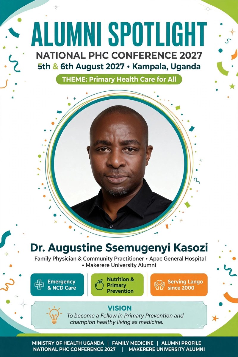 afpuganda's tweet photo. Dr. Augustine Ssemugenyi Kasozi is a Family Physician and Community Practitioner at Apac General Hospital since 2025. Though hailing from Central Uganda — Ow'Ekika ky'Engabi, Buwanda, Mawokota — he chose Northern Uganda as home, serving underprivileged communities in Lango since 2000.

Mornings begin in Emergency stabilizing diabetic coma, hypertensive crises and traumatic brain injury with limited diagnostics. Afternoons are in chronic care, managing a child with severe acute malnutrition, her diabetic grandmother and hypertensive mother, with nutrition education using local foods like Doodo and Acak cak.

Scope includes emergency and critical care, NCDs, adult ward oversight, and community outreach. His dissertation on caregiver burden in SAM fuels his philosophy: addressing causes rather than merely managing symptoms. Vision: Fellow in Primary Prevention, making healthy living medicine in every Lango home.

# National  PHC  Conference  2027