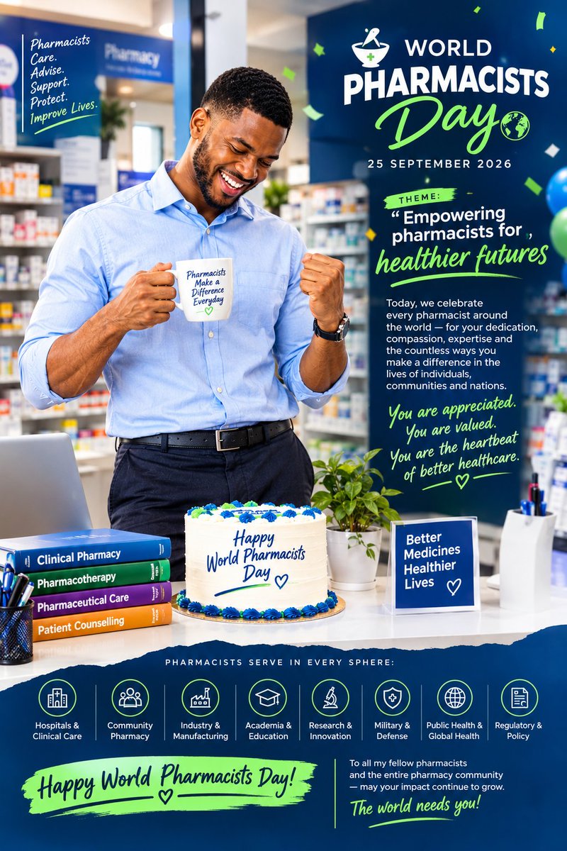 Antimony_1's tweet photo. Happy World Pharmacists Day! 💙💊

Today, I celebrate myself, and every pharmacist around the world whose knowledge, dedication, and compassion continue to make a difference in people’s lives.
From community pharmacy to hospitals, industry, academia, research, public health, the military, regulatory practice and beyond, pharmacists are contributing every day to safer medicines, better health outcomes, patient education and stronger healthcare systems.
The theme for World Pharmacists Day 2026 is “EMPOWERING PHARMACISTS FOR HEALTHIER FUTURE.” 

To every pharmacist: your work matters. Your expertise matters. Your impact matters.
May we continue to grow in knowledge, embrace innovation, advocate for our patients, pursue opportunities for further education and training, and keep finding new ways to serve humanity.
And to my fellow pharmacists who are still chasing that scholarship, fellowship, certification, better opportunity or international exposure, may the right doors open for us. 🙏🏾😂
Here’s to the profession we chose, the lives we touch, and the healthier future we are helping to build.

Happy World Pharmacists Day 2026 to us all! 🥂💊🩺

#WorldPharmacistsDay #WPD2026 #Pharmacists #Pharmacy #Healthcare #EmpoweringPharmacists #HealthierFutures