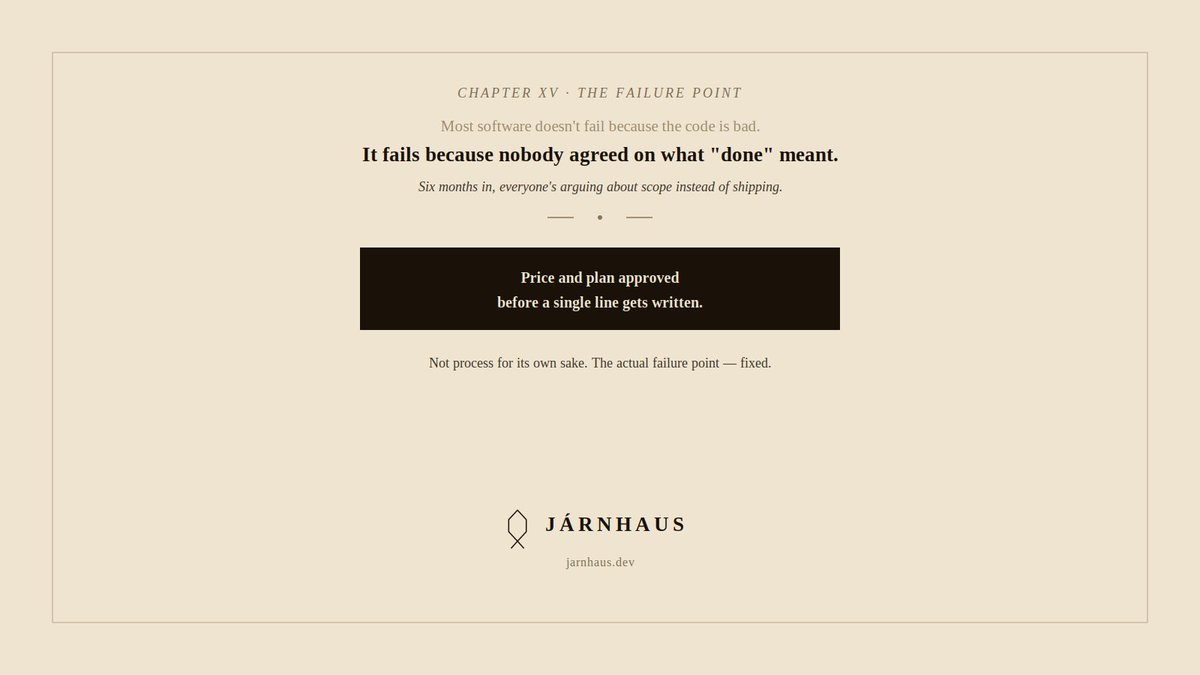 jarnhaus's tweet photo. 𝐌𝐨𝐬𝐭 𝐬𝐨𝐟𝐭𝐰𝐚𝐫𝐞 𝐝𝐨𝐞𝐬𝐧'𝐭 𝐟𝐚𝐢𝐥 𝐛𝐞𝐜𝐚𝐮𝐬𝐞 𝐭𝐡𝐞 𝐜𝐨𝐝𝐞 𝐢𝐬 𝐛𝐚𝐝.

It fails because nobody agreed on what "done" meant before the building started. Six months in, everyone's arguing about scope instead of shipping.
#SoftwareDevelopment #Startups https://t.co/kW30qApbg3