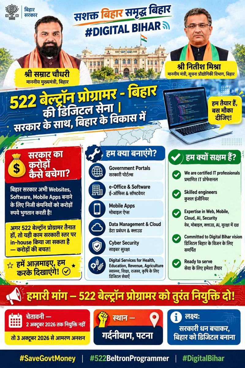 NishaSahni89613's tweet photo. बिहार को डिजिटल और आत्मनिर्भर बनाने के लिए 522 कुशल प्रोग्रामर्स तैयार हैं। @mishranitish सर, युवाओं के हित में फैसला लेते हुए तुरंत जॉइनिंग सुनिश्चित कीजिए। #Deploy522BeltronProgrammer https://t.co/zlL3KlO3XD