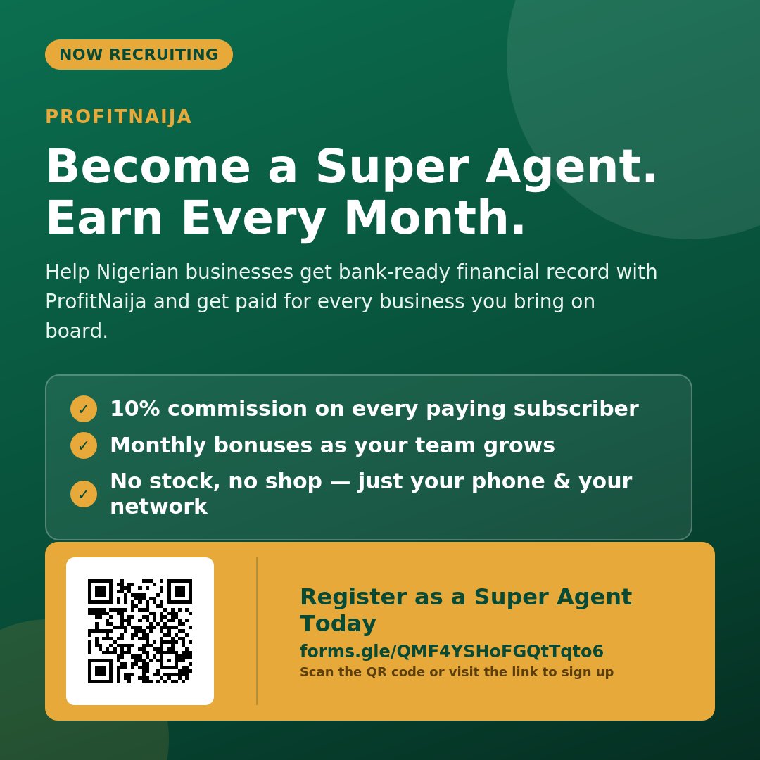 profitnaija's tweet photo. Help Nigerian businesses get bank-ready financial records and earn every time. Sign up TODAY!!! https://t.co/sFVdpi7Kj5
