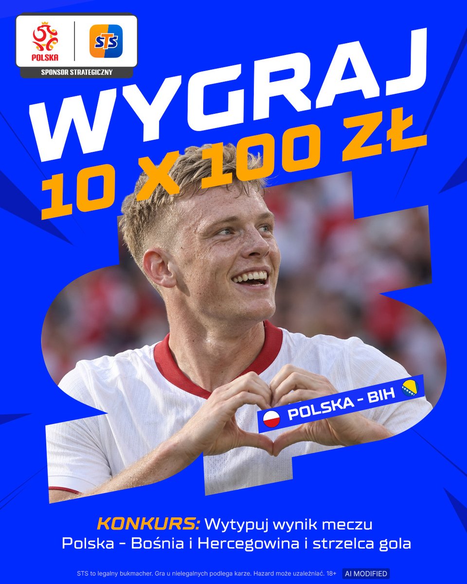 stspolska's tweet photo. Pogramy coś przed dzisiejszym meczem? Jedziemy! 

Zasady KONKURSU: 

1. Polub, podaj dalej post i obserwuj @stspolska
2. Dodaj #LiczySięBardziej
3. Wytypuj wynik meczu Polska - Bośnia i Hercegowina oraz strzelca gola
🎁Nagrody: 10x100 PLN BONUS

Regulamin: https://t.co/rgxzD5s4d1 https://t.co/iEr72oMIAV