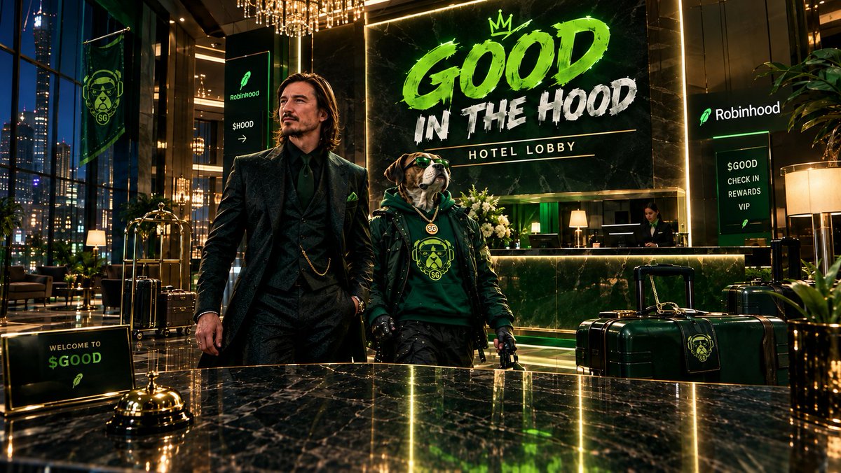 FrostFioe's tweet photo. 🏨 Just another night in the $HOOD… or so we thought.

Vlad and $GOOD walked into the hotel expecting a quiet check-in.

Vlad Tenav: “I thought we were just checking into the hotel.”

 $GOOD: “We are.”

 Vlad Tenav: “Then why does the entire lobby have our name on it?” 😂

 $GOOD: “Because when GOOD checks in, the whole $HOOD gets upgraded.” 🏨🟩

No reservations. No ordinary check in. Just GOOD company in the $HOOD.

$GOOD #GOODintheHOOD #GOODxVLAD  #Robinhood #HotelLobby