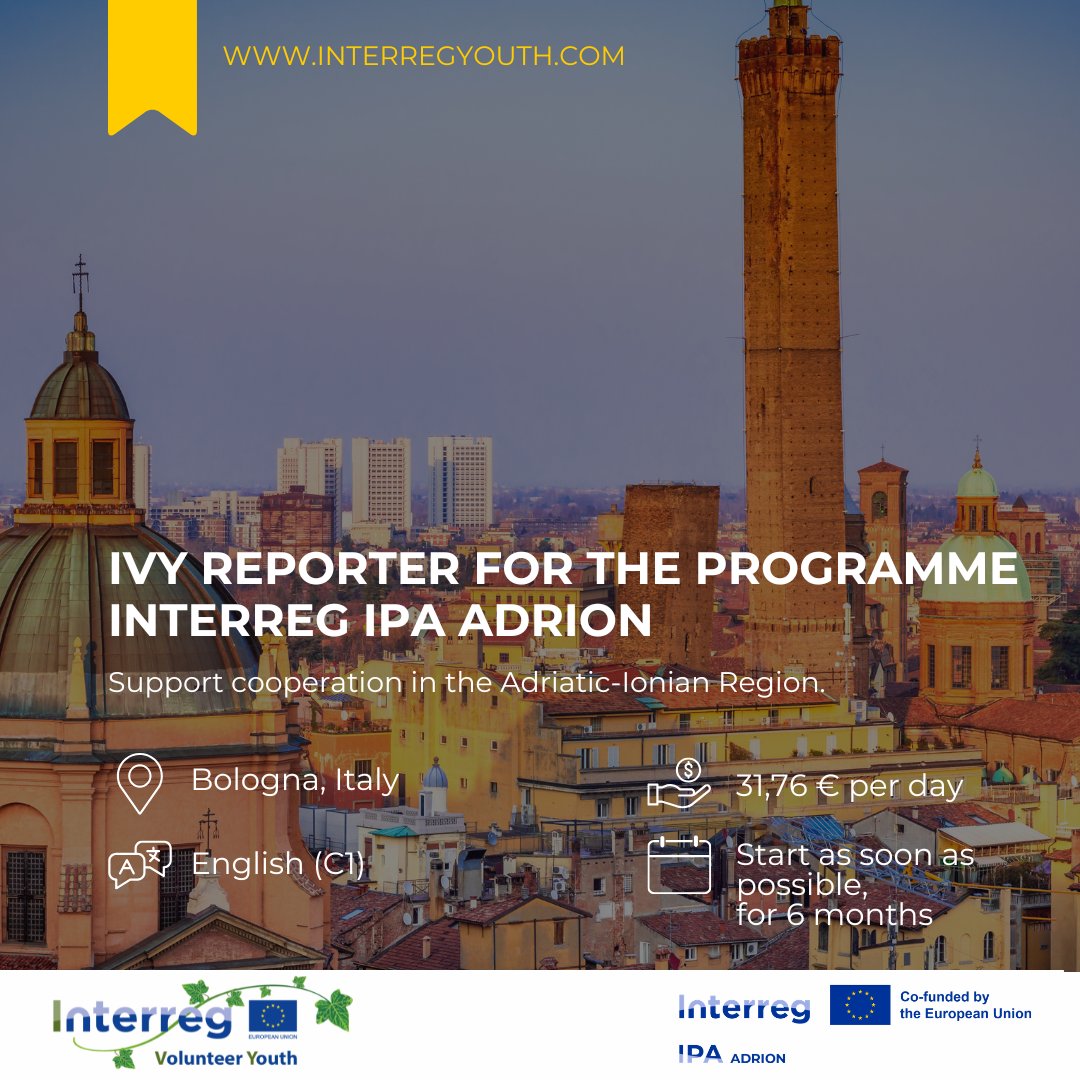 INTERREGADRION's tweet photo. 📢 Opportunity alert: Become our next IVY Reporter!

🔎 We’re looking for a motivated young professional to join the #IPADRION team in Bologna and support our communication work.

🗓 Deadline to apply: 8 October

🔗 Find out more & apply: https://t.co/IQEEU1nvnN

#Interreg #IVY #EUYouth